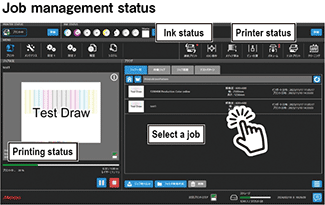 Job management status: One-touch instructions can be given for checking printer status, selecting jobs, etc.
