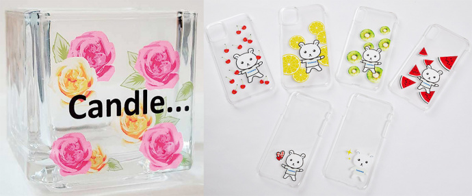 Product examples: candle holders, smart phone cases