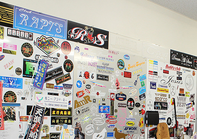 Various stickers on display in the store