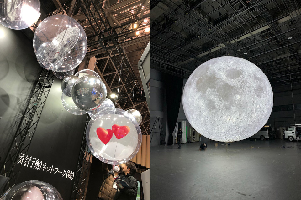 Hikousen Network handles a variety of original balloon products, such as the "Silloon," which has an output panel inside the balloon, and the "Crystal Balloon," which even expresses the elaborate shape of the moon by means of an internally illuminated LED, are just a few examples.