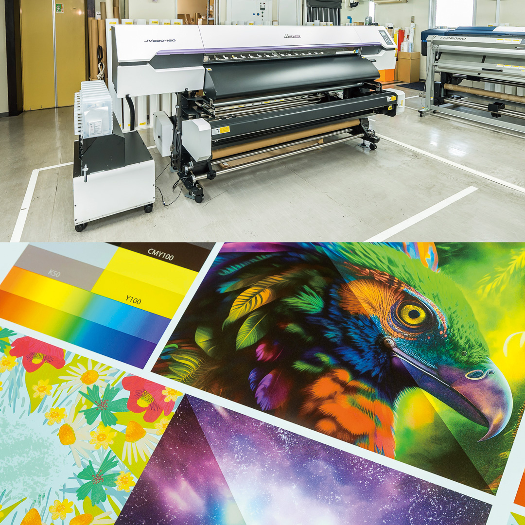 Installation scene and a color chart with multi-layer printing of the JV330-160. Two months after the introduction, they have been engaging in various trial processes, utilizing it practically in the
operations.