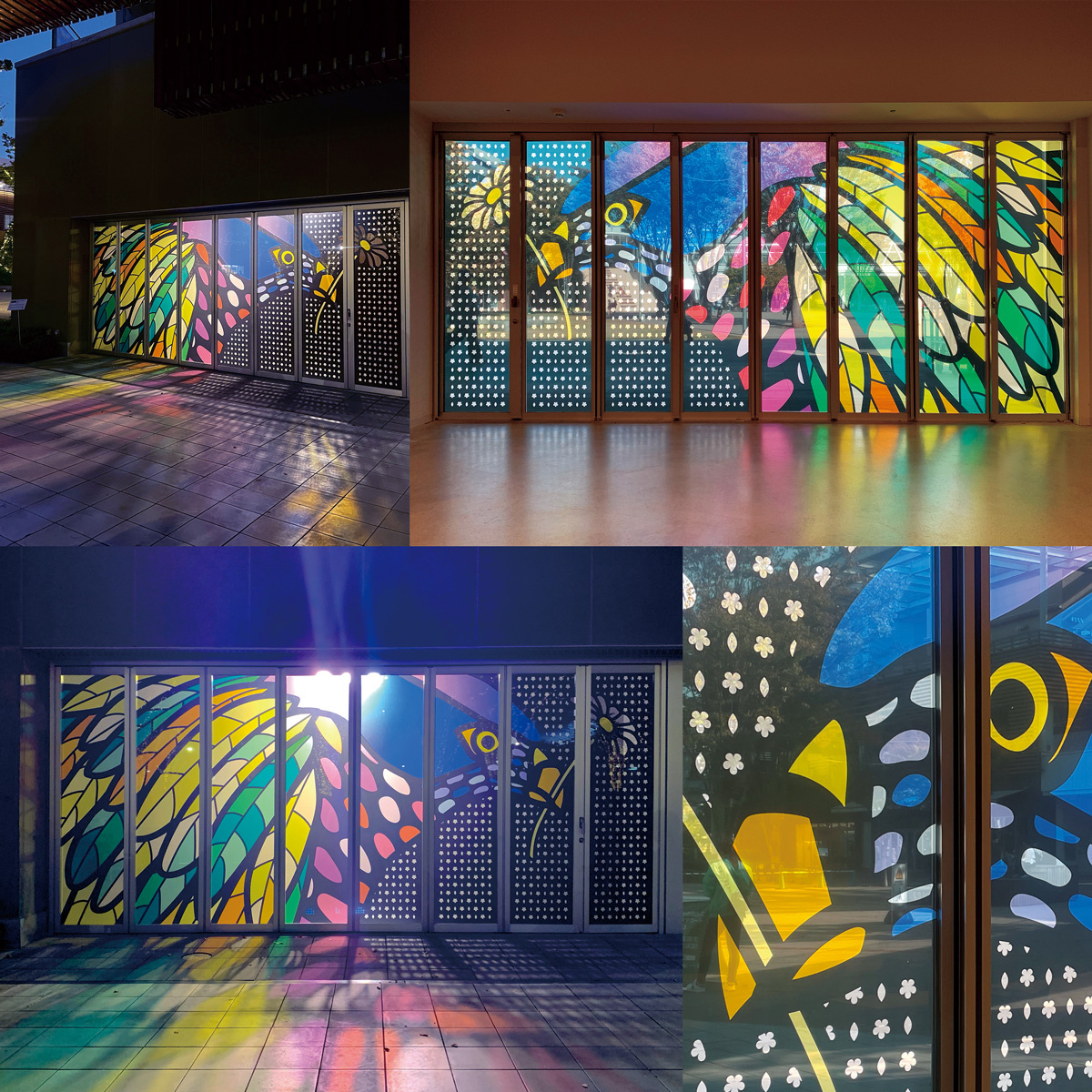 The work "Otaka no mori" by Kozue Haraki, winner of the Grand Prize in the Spatial Graphics Division of the Nagareyama Otakanomori S/C Graphic Award 2023, was reproduced on the actual site. It was printed by "JV330" on transparent decorative sheet "IROMIZU."