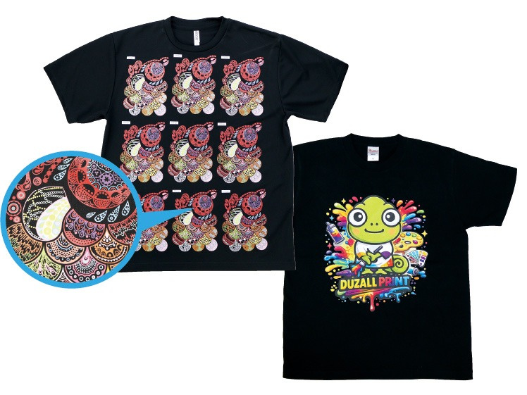 T-shirt samples produced with the TxF300-75. Even fine lines are reproduced clearly.